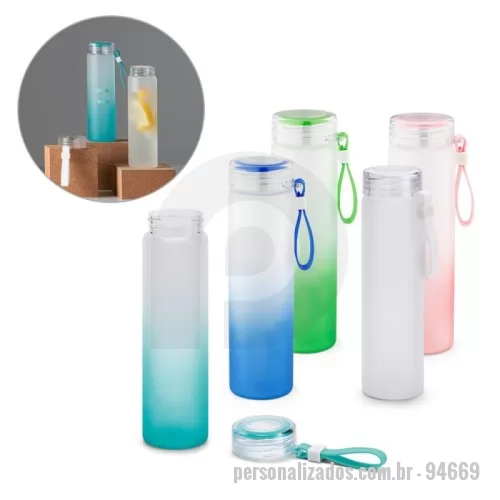 Squeeze personalizado - Squeeze Personalizado - 94669 - Squeeze em vidro borossilicato e tampa em AS, com alça em silicone para fácil transporte. Capacidade até 470 mL. Fornecido em caixa presente. Certificação EU Food Grade. ø60 x 210 mm - 182362 - Squeeze