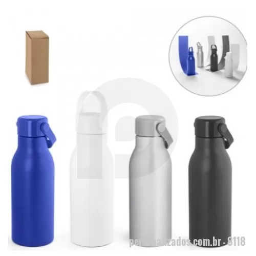 Squeeze personalizado - Squeeze em alumínio 100% reciclado com parede simples e acabamento mate. Tampa em PP com pega de silicone para fácil transporte. Capacidade até 700 mL. Fornecido em caixa presente de papel kraft reciclado. Certificação EU Food Grade. ø73 x 213 mm