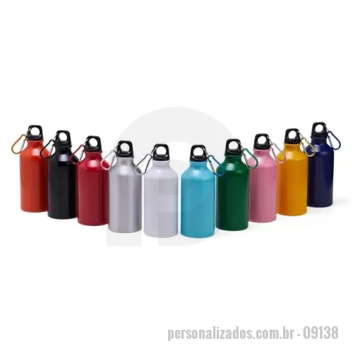 Squeeze personalizado - Squeeze em alumínio com capacidade máxima de 420ml. Possui acabamento brilhante e tampa rosqueável em plástico com alça fixa. Acompanha mosquetão metálico com argola para chaveiro.