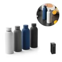 Squeeze em aço inox com acabamento em borracha, parede dupla isolada a vácuo e capacidade até 550 ml. Fornecida em caixa de oferta. 
