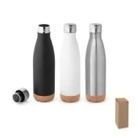Squeeze em aço inox e base em cortiça com parede dupla com isolamento a vácuo. Mantém as bebidas quentes por 8h e frias por 24h. Tem capacidade até 560 ml. Food grade. Fornecido em caixa.