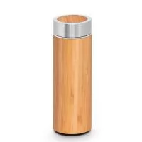 Garrafa Térmica Grande Personalizada, Com capacidade de 430 ml a garrafa térmica grande personalizada é fabricada em aço inox com bambu. Ela possui ótimo acabamento, infusor para chá e conta com área nobre para a personalização da logomarca de empres