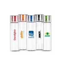 Squeeze plástico 600 ml com tampa rosqueável. Material plástico transparente com tampa, possui bico/tampa interna emborrachada colorida. Ambas rosqueáveis.
