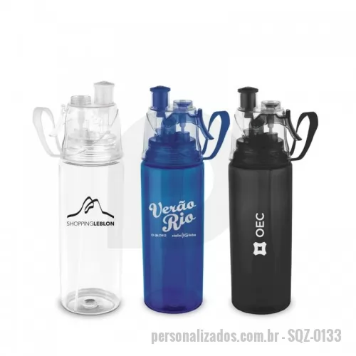 Squeeze plástico personalizado - Squeeze. PS e ABS. Com borrifador de água. Capacidade: 600 ml.