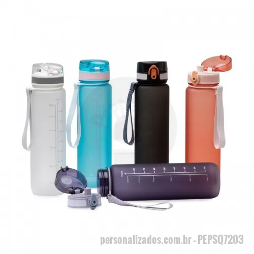 Squeeze plástico personalizado - Squeeze garrafa plástica personalizada com acabamento capacidade de 1 litro. Possui medição de Oz/Ml lateral, tampa de acionamento automático e trava de segurança. Acompanha alça em cordão de nylon.