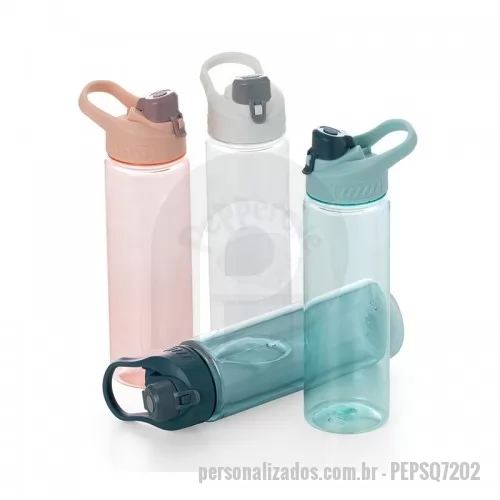 Squeeze plástico personalizado - Squeeze plástico personalizado, com capacidade de até 700ml, possui alça para facilitar transporte, possui tampa principal rosqueável e uma tampa de proteção plástica com trava para o bocal. Tem um design moderno e esportivo ideal para agregar na mochila da academia. Ideal para divulgar sua empresa em eventos corporativos, brindes personalizados e campanhas promocionais.