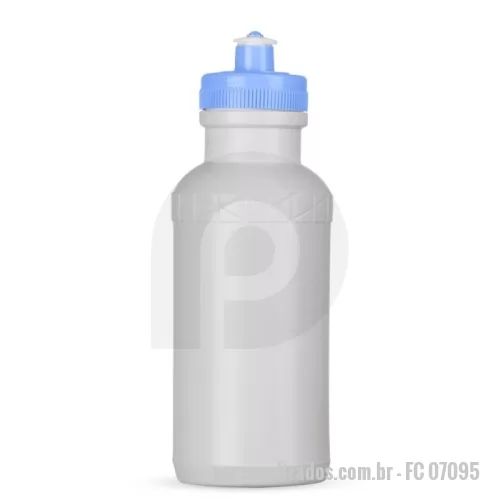 Squeeze plástico personalizado - Squeeze 500ml plástico livre de BPA, possui corpo branco com tampa colorida e detalhe em relevo na parte superior. Tampa rosqueável com bico de silicone. 