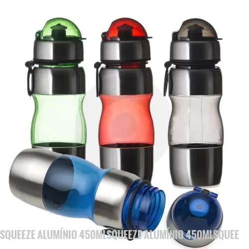 Squeeze plástico personalizado - Squeeze de alumínio 450ml com alça plástica e detalhes coloridos. Possui tampa de bico e tampa protetora de plástico resistente.