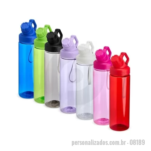 Squeeze plástico personalizado - Descrição: Squeeze de plástico com capacidade máxima de até 750ml. Com tampa rosqueável e articulada, o squeeze acompanha uma alça de nylon para facilitar o transporte, tornando-a uma peça prática e indispensável para uma hidratação regular para o dia a dia.