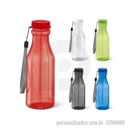 Squeeze plástico personalizado - Squeeze em AS e tampa em PP, com alça para fácil transporte. Capacidade até 510 mL. Caixa branca 94656 vendida opcionalmente. Certificação EU Food Grade. ø68 x 203 mm