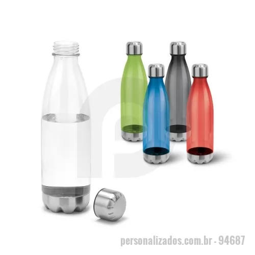 Squeeze plástico personalizado - Squeeze em AS, com tampa e base em aço inox. Capacidade até 700 mL. Caixa branca 94670 vendida opcionalmente. Certificação EU Food Grade. ø74 x 265 mm