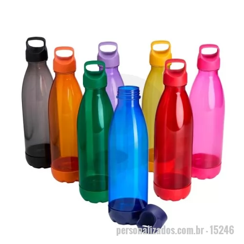 Squeeze plástico personalizado - Squeeze feita em PVC com capacidade máxima de 680ml e tampa rosqueável em plástico ABS com alça fixa. Conta com fundo removível, que ajuda a evitar o contato com superfícies sujas.