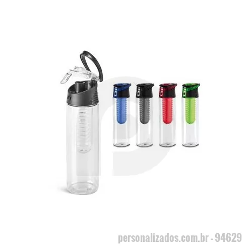 Squeeze plástico personalizado - Squeeze em AS e com tampa flip top em PP com infusor de frutas e capacidade até 740 mL.