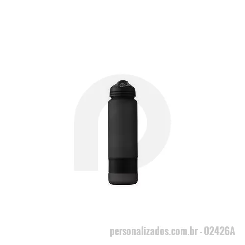 Squeeze plástico personalizado - Squeeze plástico com acabamento fosco, marcação de volume e capacidade máxima de 900 ml. Possui tampa rosqueável com alça fixa, bico flip e canudo interno removível. Acompanha tira emborrachada removível. Altura : 26,8 cm Largura : 9,3 cm Circunferên