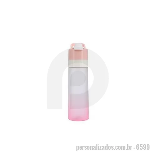 Squeeze plástico personalizado - Squeeze bicolor plástico com borrifador e capacidade de 650ml. Contém tampa rosqueável com trava de segurança para o bocal, alça para transporte e alavanca para acionamento do borrifador.