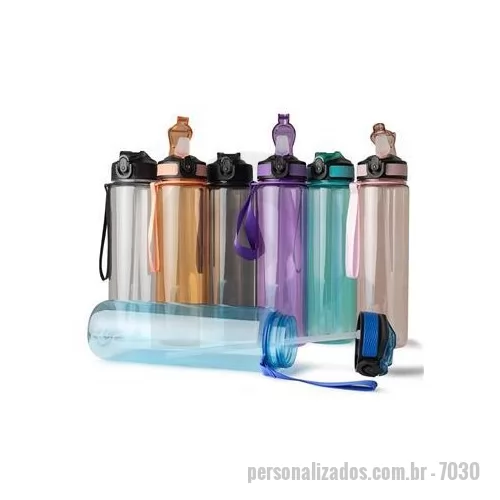 Squeeze plástico personalizado - Squeeze plástico com capacidade de 1 litro, livre de BPA. Possui tampa rosqueável com bico de canudo, tampa protetora, botão de acionamento e trava de segurança. Acompanha cordão de nylon e canudo. Altura : 28,3 cm Largura : 7,8 cm Circunferência : 2