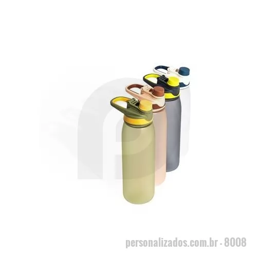 Squeeze plástico personalizado - Squeeze plástico com capacidade de 900 ml. Possui tampa rosqueável com tampa protetora para bocal e alça para transporte acoplado. Altura : 25,7 cm Largura : 7,7 cm Circunferência : 24,2 cm Peso aproximado g : 137