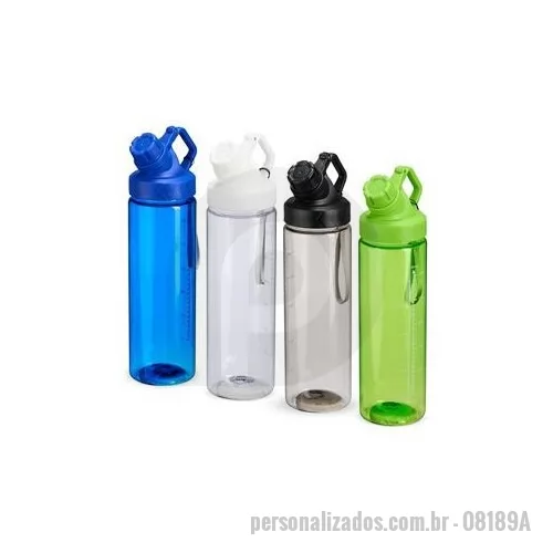 Squeeze plástico personalizado - Squeeze plástico livre de BPA, com capacidade máxima de 750 ml e marcação de volume de 700 ml impressa no corpo. Dispõe de bocal plástico com protetor rosqueável para o bocal e alça fixa. Acompanha cordão de nylon para prender à alça da tampa. Altura