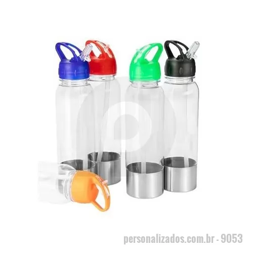 Squeeze plástico personalizado - Nossa squeeze combina a leveza e a resistência do plástico com a durabilidade e o toque estético de uma base metálica. Com tampa rosqueável e bico prático, ela ainda acompanha um canudo para facilitar a hidratação em qualquer momento, sem derramament