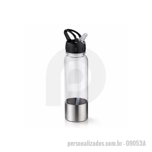 Squeeze plástico personalizado - Squeeze feito em plástico AS livre de BPA, fundo com revestimento externo em aço inox 201, capacidade máxima de 750 ml e marcação de volume de até 750ml. Possui tampa rosqueável em polipropileno PP com bico retrátil em poliestireno PS , canudo removí