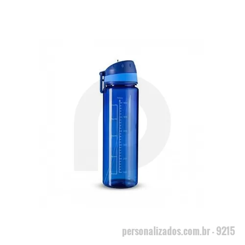 Squeeze plástico personalizado - Squeeze feito em plástico AS livre de BPA, capacidade máxima e marcação de volume de até 700ml. Possui tampa rosqueável em polipropileno PP com bico flip em poliestireno PS , anel de vedação em silicone, canudo removível e alça fixa para transporte. 