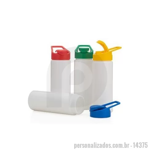 Squeeze plástico personalizado - Squeeze de polietileno 550ml com tampa plástica rosqueável, contém alça e tampa protetora para o bocal. Altura : 21 cm Largura : 9,2 cm Circunferência : 20,6 cm Peso aproximado g : 53