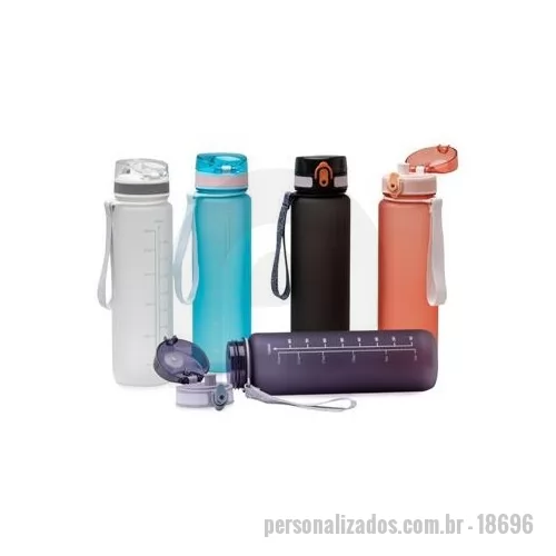 Squeeze plástico personalizado - Garrafa plástica de 1 litro com tampa de acionamento automático e trava de segurança. Acompanha cordão de nylon.