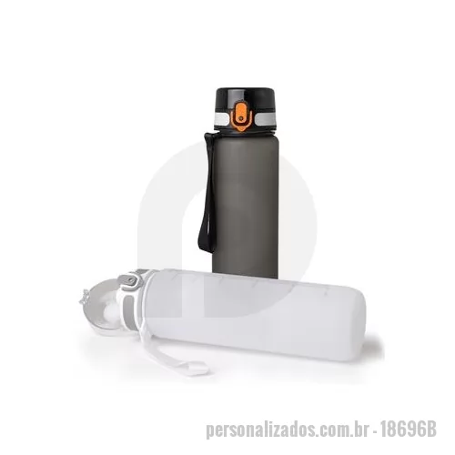 Squeeze plástico personalizado - Squeeze plástico com capacidade de 1 Litro, possui tampa rosqueável com botão de acionamento, trava de segurança e alça para transporte. Altura : 28,4 cm Largura : 7,6 cm Circunferência : 24,8 cm Peso aproximado g : 160