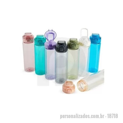 Squeeze plástico personalizado - Squeeze plástico com capacidade de 700ml, possui tampa rosqueável com botão de acionamento, trava de segurança e alça para transporte.