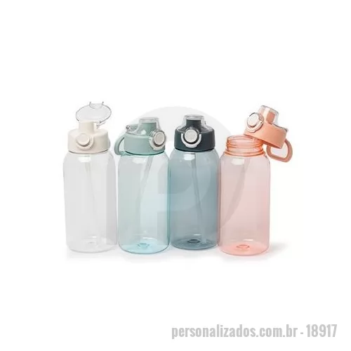 Squeeze plástico personalizado - Squeeze plástico com capacidade de 1 Litro. Possui tampa rosqueável com protetor para bocal, botão de acionamento com trava de segurança e alça para transporte acoplado. Altura : 22,6 cm Largura : 8 cm Circunferência : 28,5 cm Peso aproximado g : 149