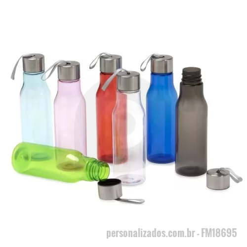 Squeeze plástico personalizado - Descrição: Garrafa com estrutura leve em plástico e capacidade para até 600ml. Possui tampa rosqueável de alumínio com alça embutida em nylon para transporte.  Altura :  23 cm  Largura :  6,8 cm  Circunferência :  21,3 cm  Medidas aproximadas para gravação (CxL):  13 cm x 6 cm  Tamanho total aproximado  (CxL):  Diâmetro (sem tampa) - 3,5 cm  Peso aproximado (g):  88