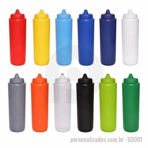 Squeeze plástico personalizado - Squeeze plástico automático com capacidade de 1000 ml, fabricado em polietileno, com peso de 85 gramas, altura de 23,0 cm sem tampa e 25,2 cm com tampa, diâmetro da boca de 5,4 cm e base de 8,1 cm, oferecendo estrutura resistente, leve e de fácil man
