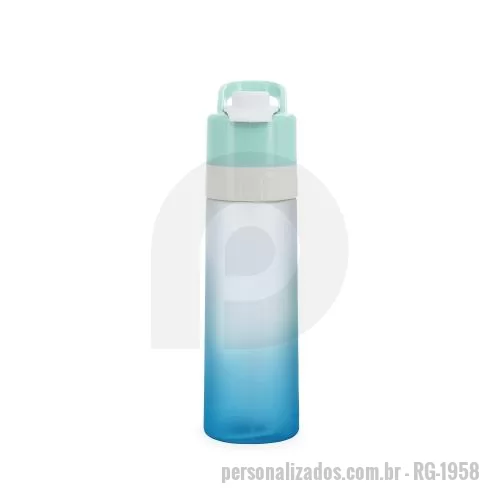 Squeeze plástico personalizado - Squeeze bicolor plástico com borrifador e capacidade de 650ml. Contém tampa rosqueável com trava de segurança para o bocal, alça para transporte e alavanca para acionamento do borrifador.