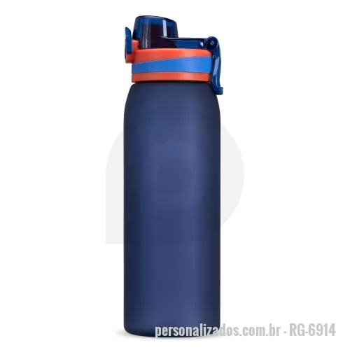 Squeeze plástico personalizado - Squeeze plástico com capacidade de 900ml. Possui tampa rosqueável com tampa protetora para bocal, trava de segurança com botão de acionamento e alça para transporte. Pintura fosca.