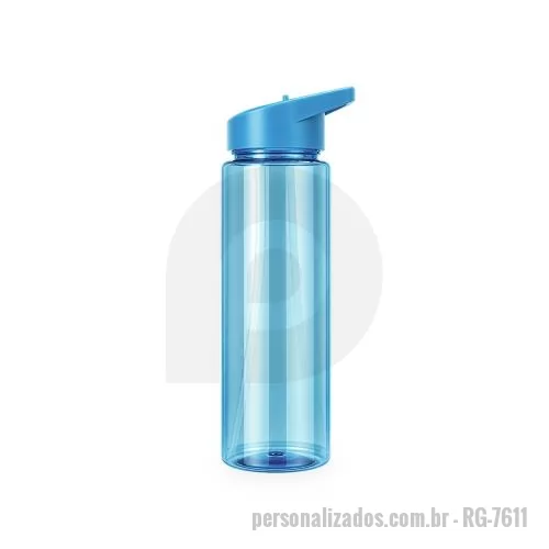 Squeeze plástico personalizado - Squeeze em plástico AS, livre de BPA, com capacidade máxima de 850ml. Possui tampa rosqueável em polipropileno (PP) com bico flip em AS, anel de vedação em silicone, canudo plástico removível e alça fixa para transporte.