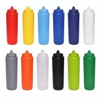 Squeeze plástico automático com capacidade de 1000 ml, fabricado em polietileno, com peso de 85 gramas, altura de 23,0 cm sem tampa e 25,2 cm com tampa, diâmetro da boca de 5,4 cm e base de 8,1 cm, oferecendo estrutura resistente, leve e de fácil man