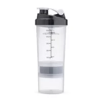 "Coqueteleira em plástico polipropileno (PP) livre de BPA com capacidade máxima de 600ml e marcação de volume de até 500ml. Possui tampa rosqueável em PP com protetor para o bico em polietileno (PE) e mola misturadora removível em inox 304, encaixada