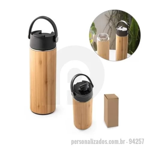 Squeeze térmico personalizado - Squeeze em bambu e aço inox com corpo duplo, isolamento a vácuo e tampa em PP. Capacidade até 440 ml. Food grade. Fornecido em caixa presente de papel craft. 