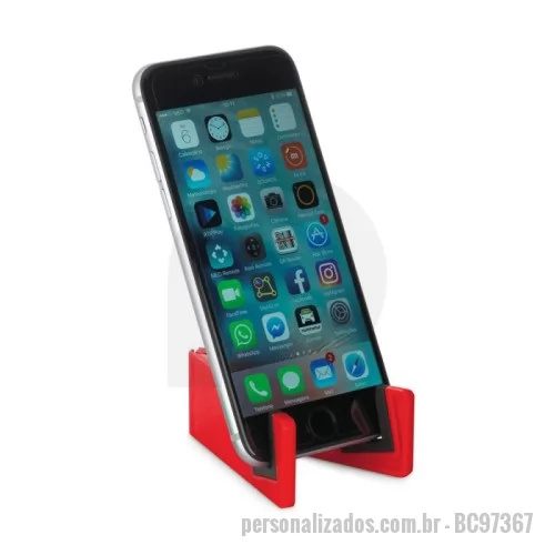 Suporte de Mesa para Celular e Tablet personalizado - Suporte para celular em ABS e TPR. Fechado: 89 x 30 x 9 mm