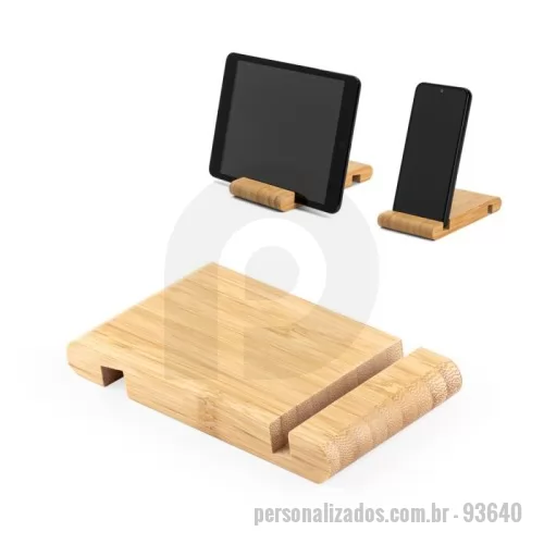 Suporte de Mesa para Celular e Tablet personalizado - Suporte para celular em bambu, com 2 canaletas de tamanhos diferentes, uma em cada lado. A cor e o resultado da impressão nos materiais naturais pode variar entre produtos. 80 x 130 x 15 mm