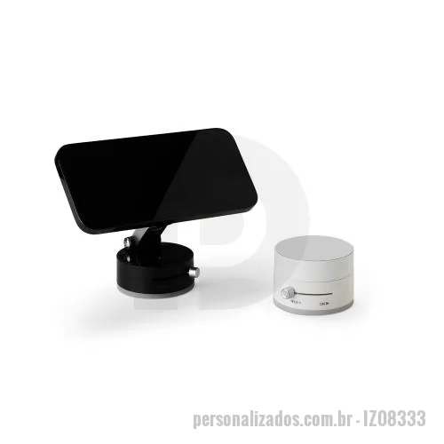 Suporte para celular personalizado - Um suporte compacto e funcional para acomodar smartphones de maneira simples em superfícies lisas. Feito em plástico, Possuí ajuste em diferentes ângulos de inclinação. Conta com uma ventosa retrátil via chave seletora para fixação do suporte em supe