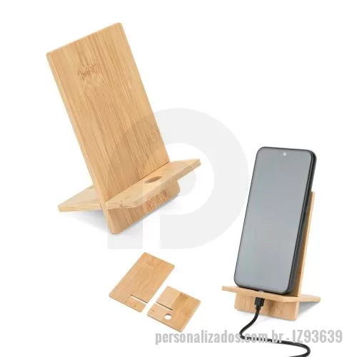 Suporte para celular personalizado - Suporte para celular em bambu, desmontável em duas partes. Contém um orifício que lhe permite carregar o seu celular enquanto utiliza o suporte. Fornecido em caixa presente de papel kraft reciclado. A cor e o resultado da impressão nos materiais natu