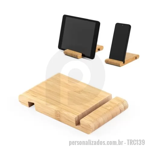 Suporte para celular personalizado - Suporte para celular em bambu, com 2 canaletas de tamanhos diferentes, uma em cada lado. 