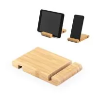 Suporte para celular em bambu, com 2 canaletas de tamanhos diferentes, uma em cada lado. 