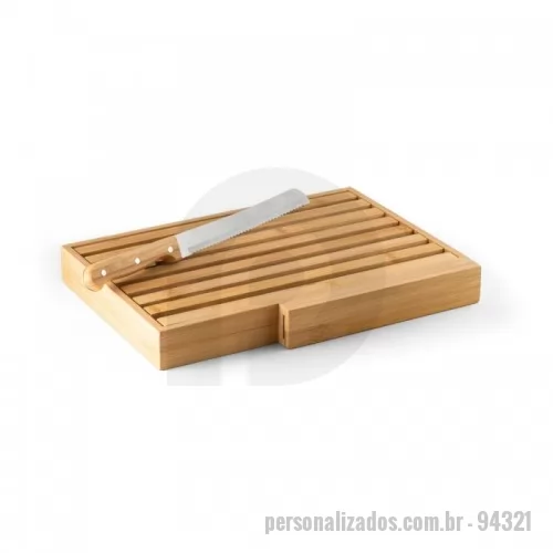 Tábua para pão personalizada - Tábua para pão em bambu com faca em aço inox. Grelha removível para fácil remoção de migalhas. Fornecido em caixa presente em papel kraft. 350 x 250 x 40 mm