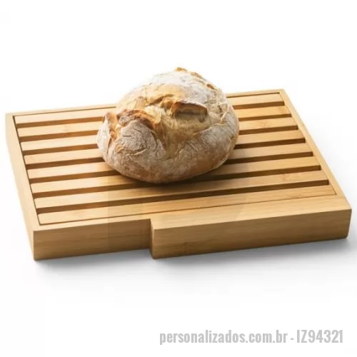 Tábua para pão personalizada - Tábua para pão em bambu com faca em aço inox. Grelha removível para fácil remoção de migalhas. Fornecido em caixa presente em papel kraft. 350 x 250 x 40 mm