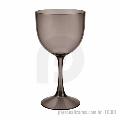 Taça de Gin personalizada - Taça de gin com capacidade de 550 ml, produzida em poliestireno, com peso de 86 gramas, altura de 19,9 cm, diâmetro da boca de 9,9 cm e base de 8,4 cm, oferecendo excelente equilíbrio entre leveza e resistência para uso contínuo. Seu design bicolor a