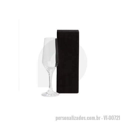 Taça personalizada - Taça de vidro para champagne. Capacidade: 186ml Dimensões do Produto Medida: 6,1x20 cm / Capacidade: 186 ml Embalagem Caixa Preta 225x75x75 mm AxLxP Peso 202 g com embalagem