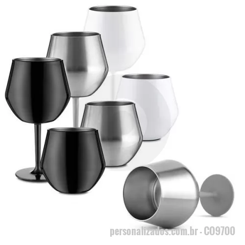Taça personalizada - Taça térmica em inox com capacidade para até 350 ml e estrutura em parede dupla. Possui haste rosqueável com base antiderrapante, permitindo a utilização como um copo quando desmontada. Acompanha tampão de borracha para encaixe na base sem a haste en