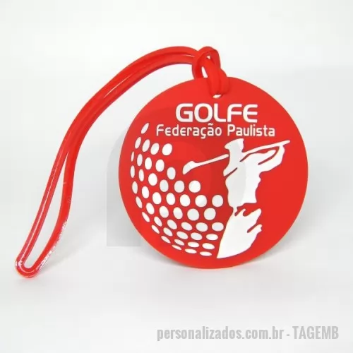 Tag personalizado - Chaveiro Emborrachado, Gravação em Alto relevo com a logo do cliente. Desenvolvimento de formato específico. Acabamento em cordão de nylon e argola (ou em corrente metálica e argola).